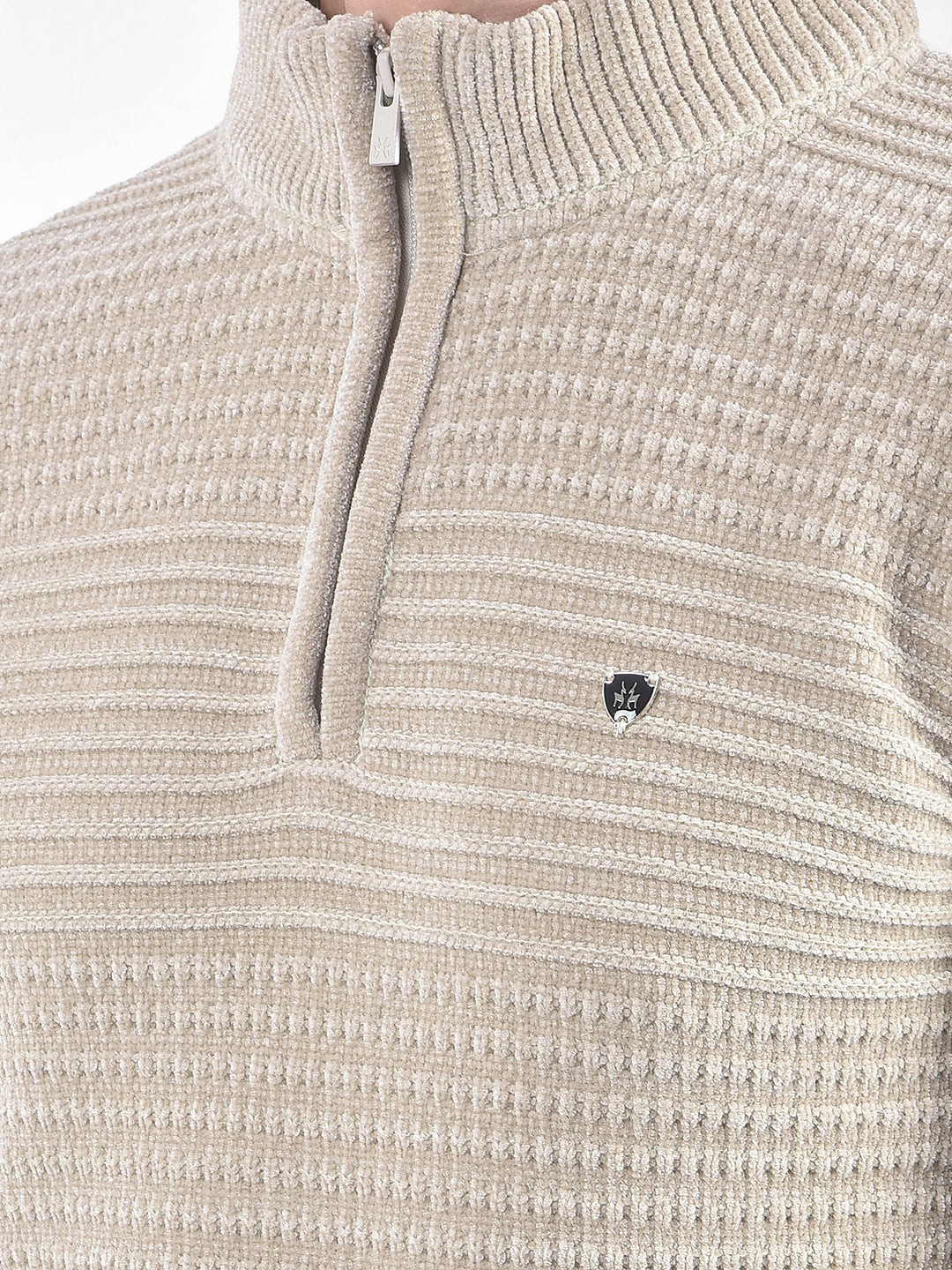 Beige Jacquard High Neck Sweater