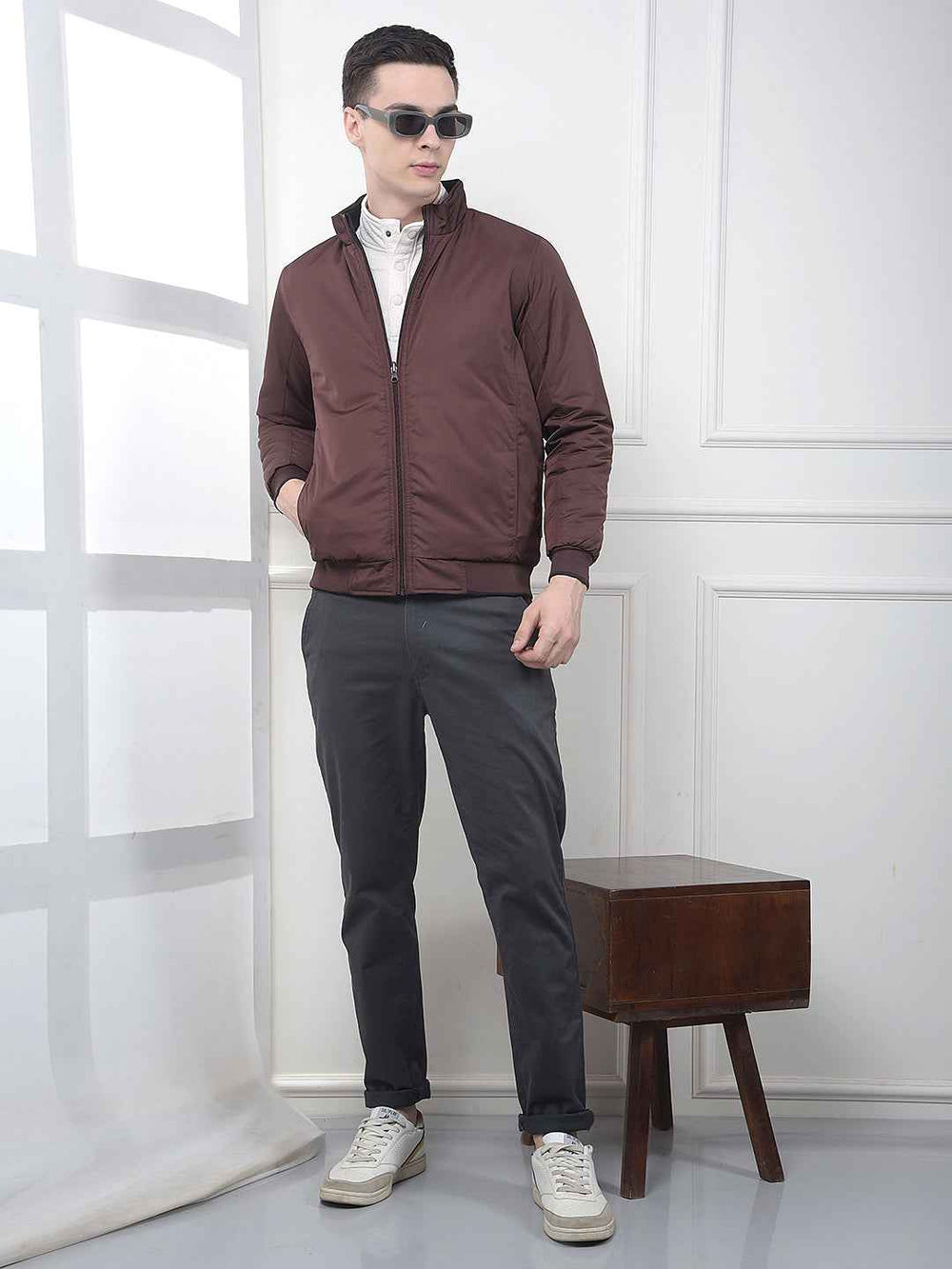 Wine High Neck Reversible Bomber Jacket