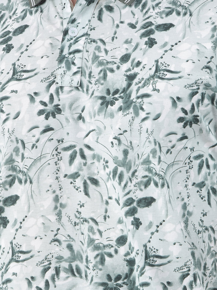 Olive Floral Print Polo-Neck T-Shirt