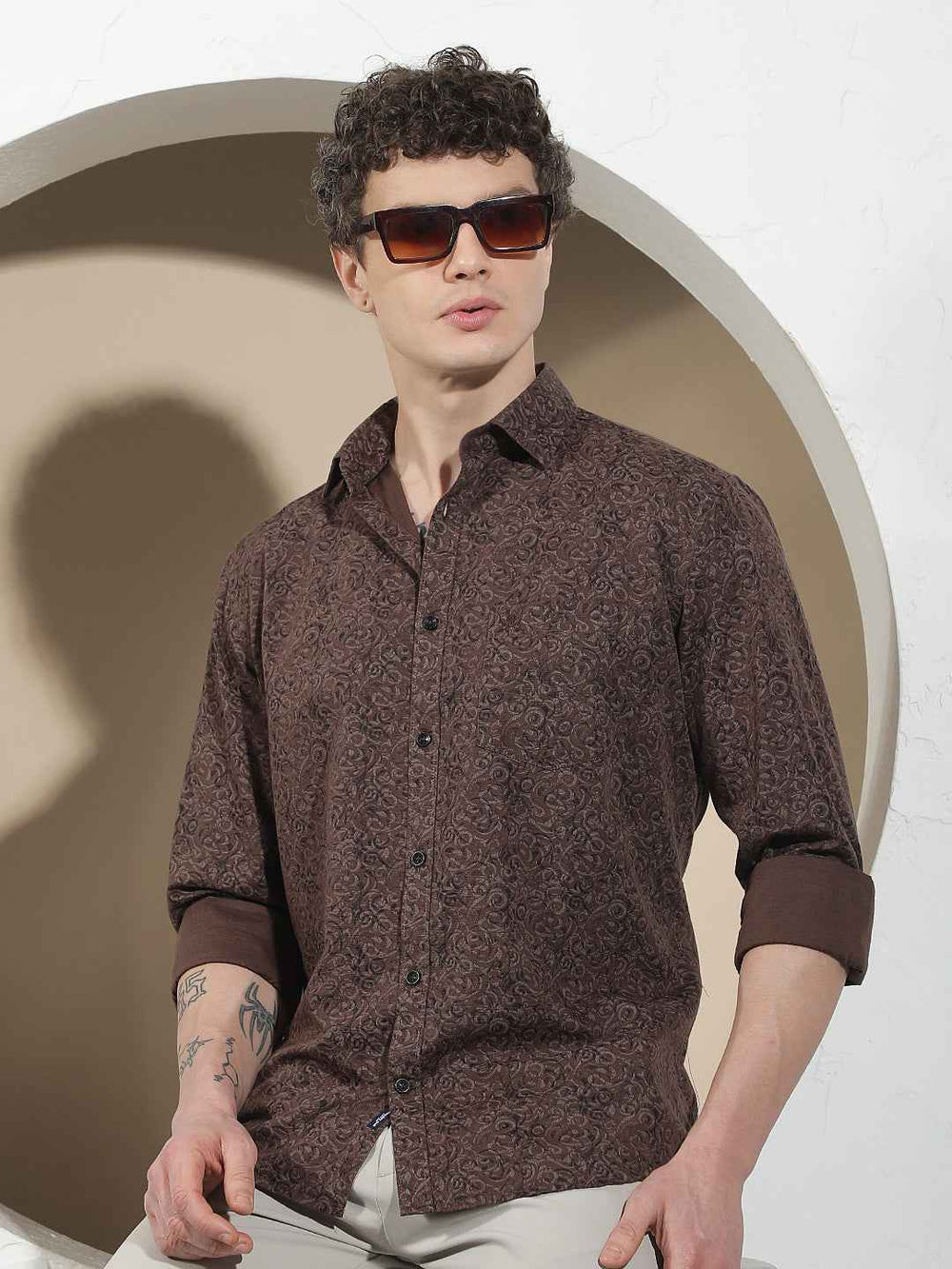 Brown Printed Linen Shirt