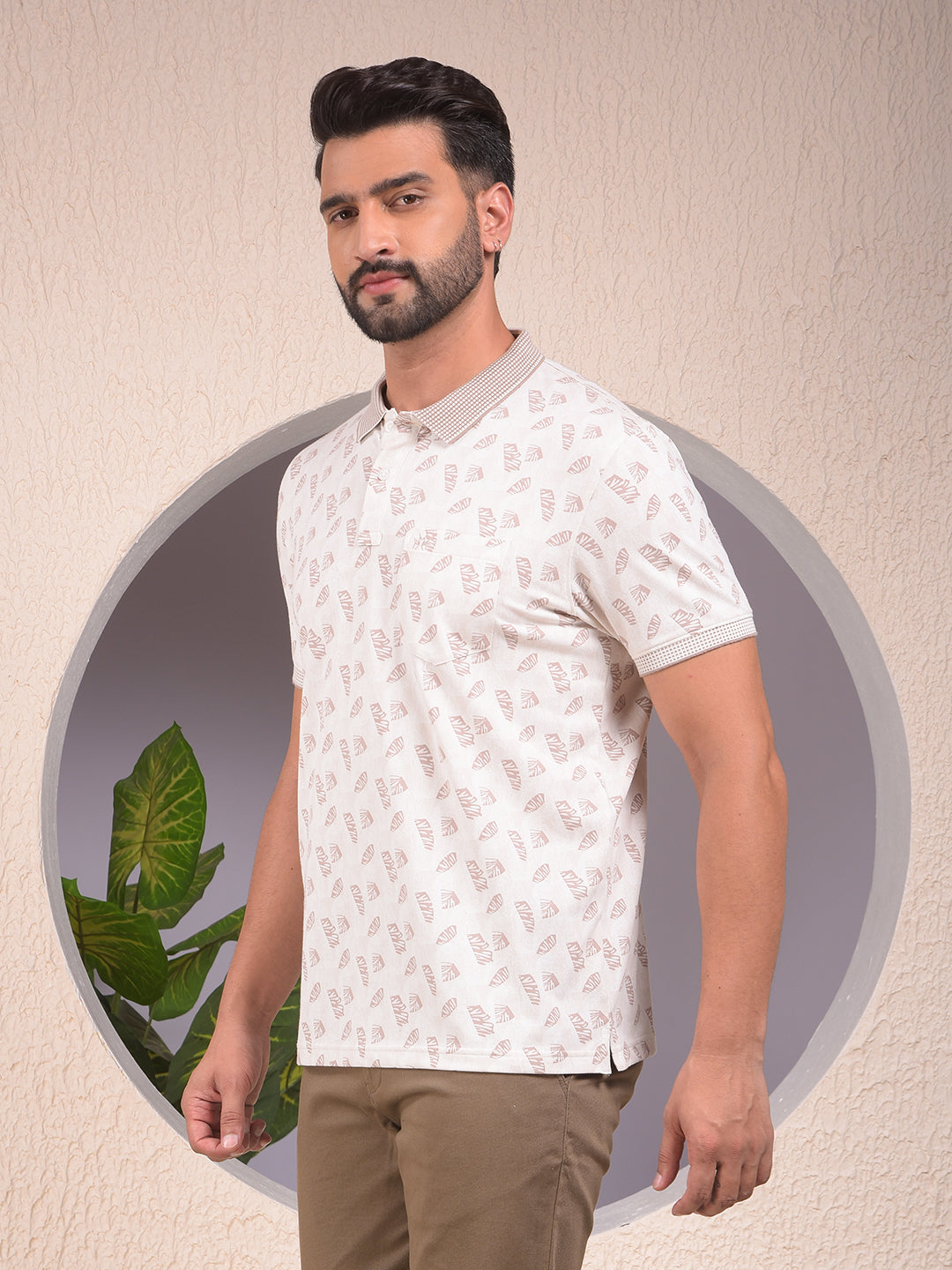 Beige Printed Polo Neck T-Shirt