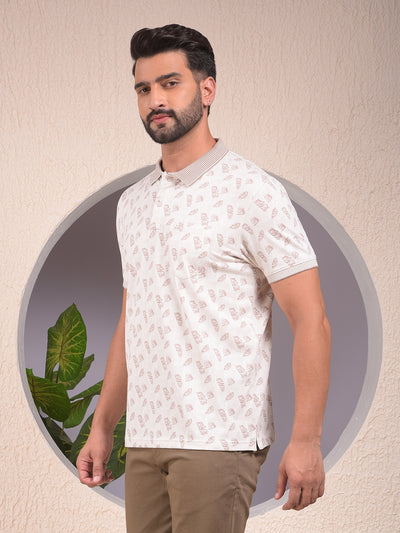 Beige Printed Polo Neck T-Shirt