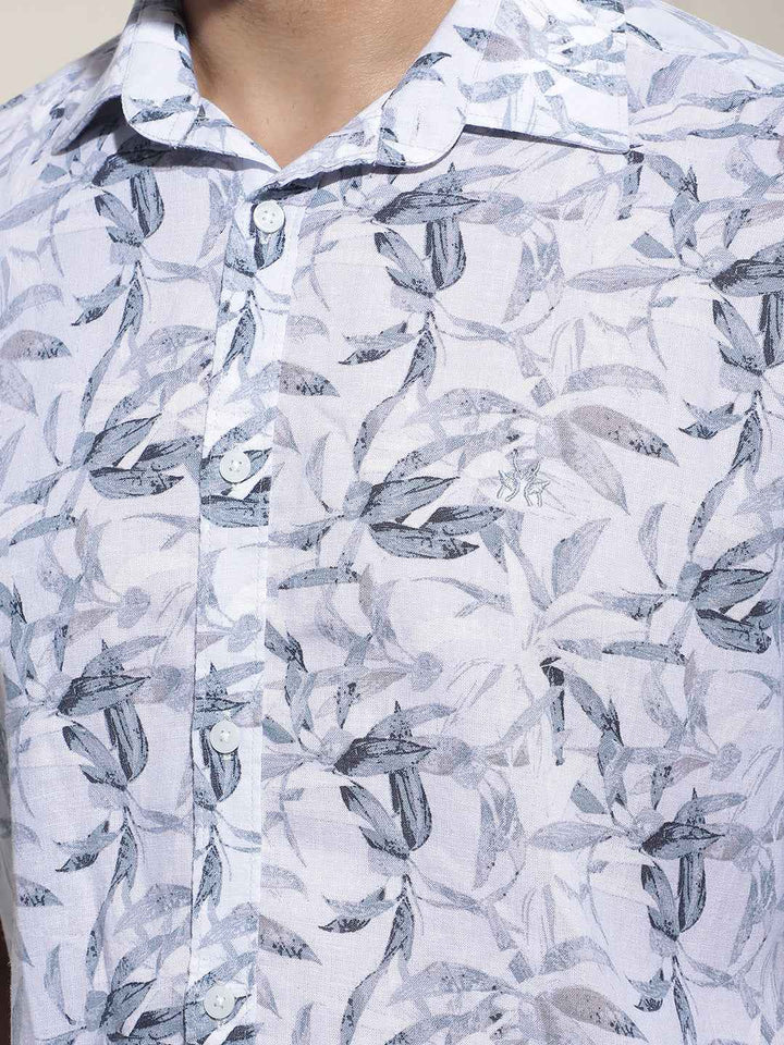 Blue Floral Print Linen Shirt