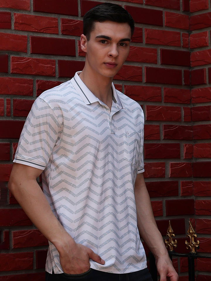 White Printed Polo Neck 100% Cotton T-Shirt