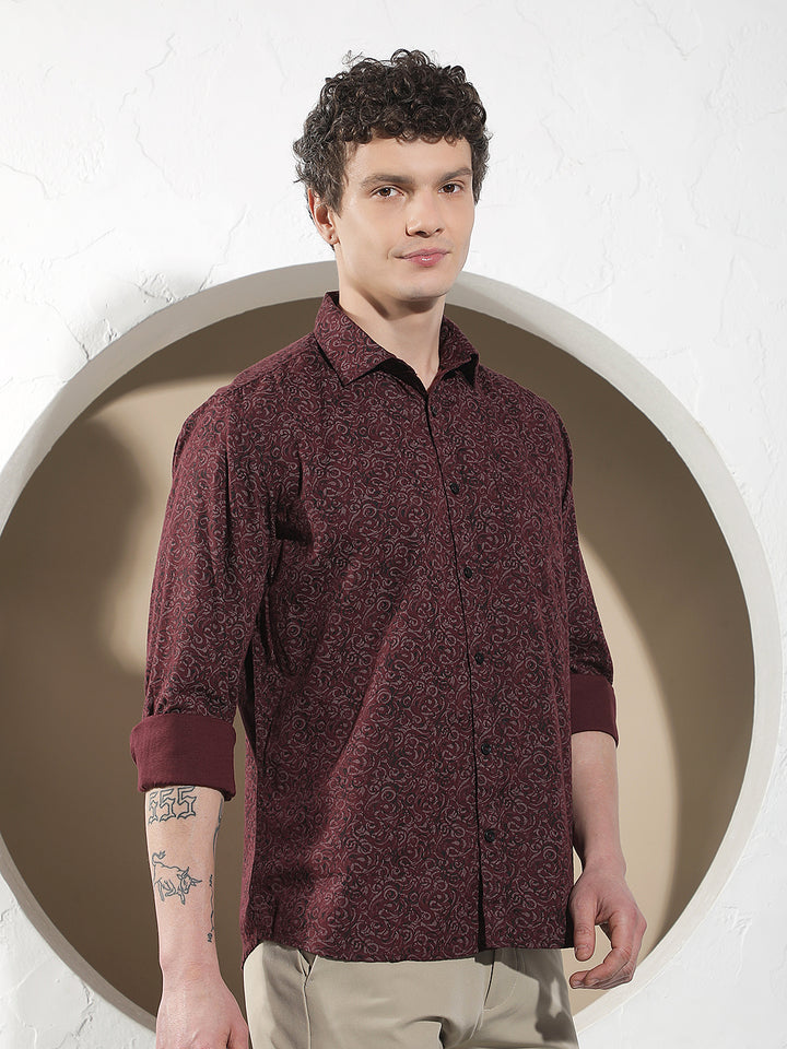 Wine Printed Linen Shirt