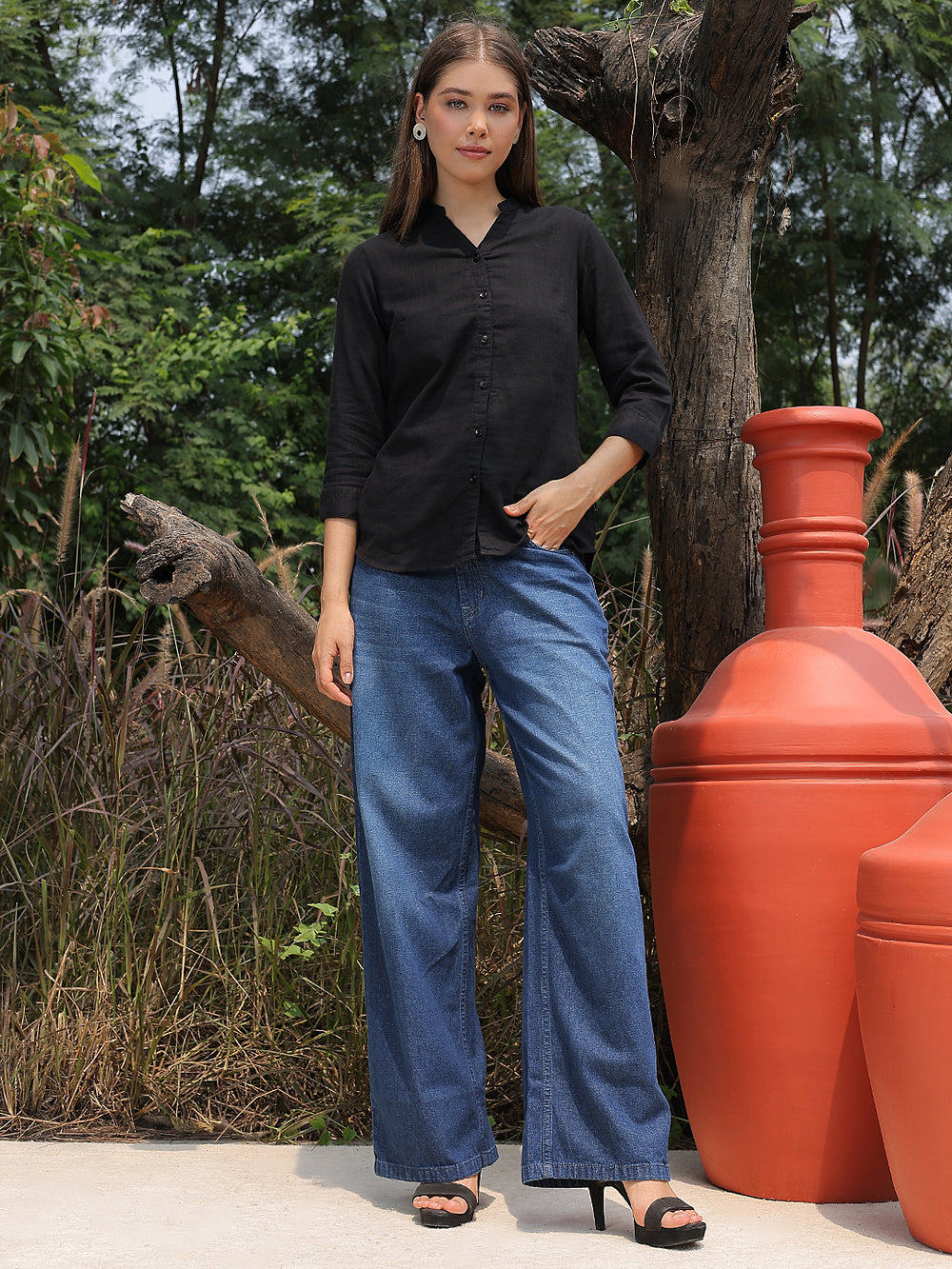 Black V-Neck 100% Cotton Shirt