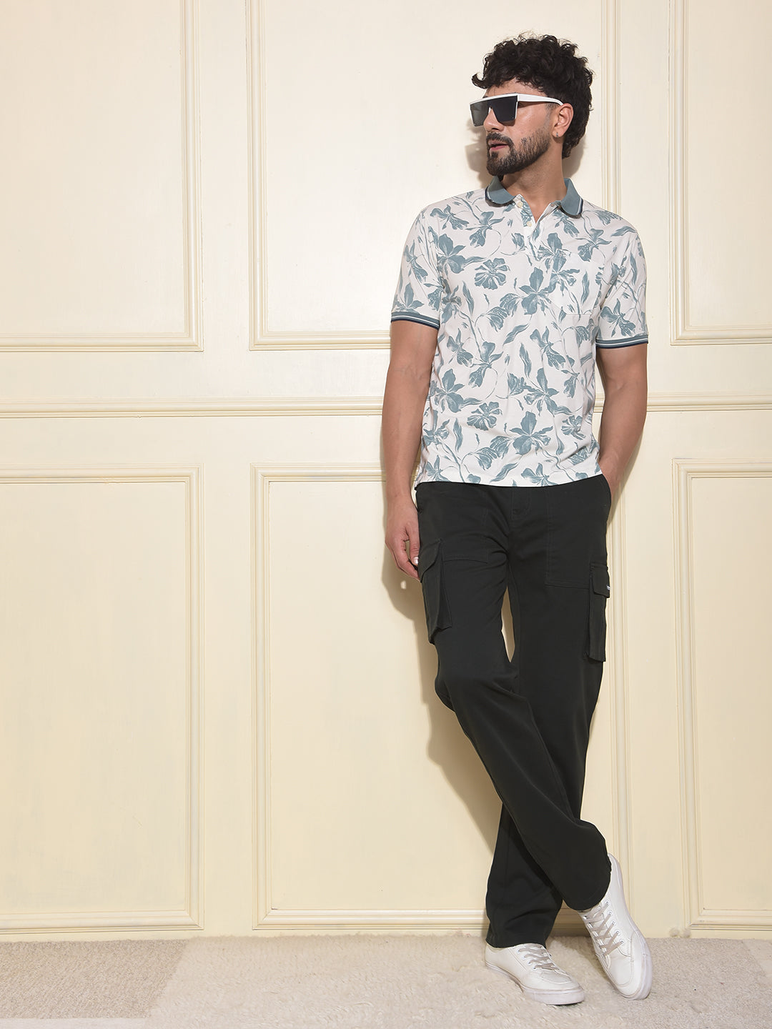 Green Floral Print Polo-Neck T-Shirt