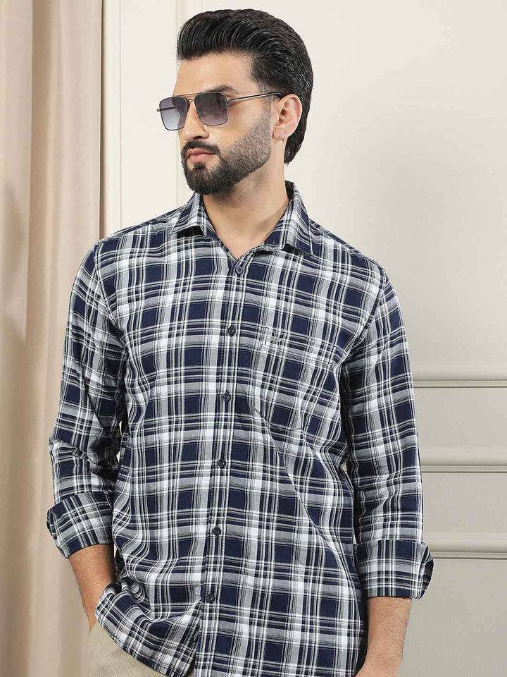 Navy Blue Checked 100% Cotton Shirt