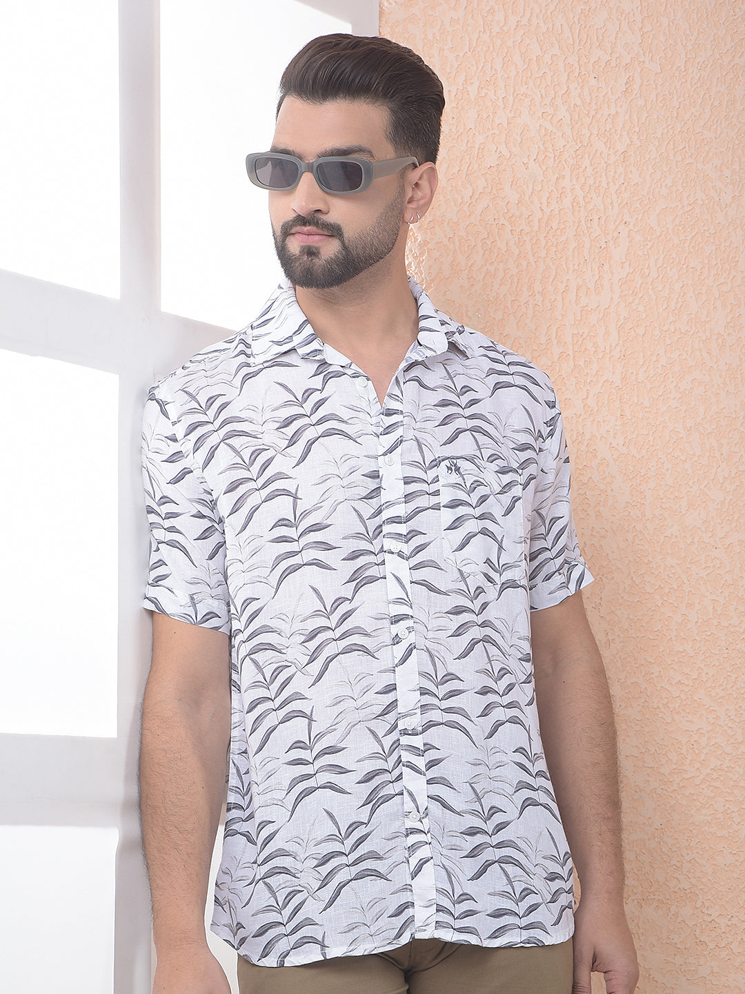 Off White Floral Print Linen Shirt