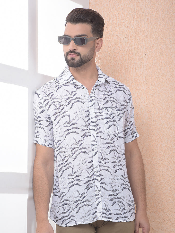 Off White Floral Print Linen Shirt