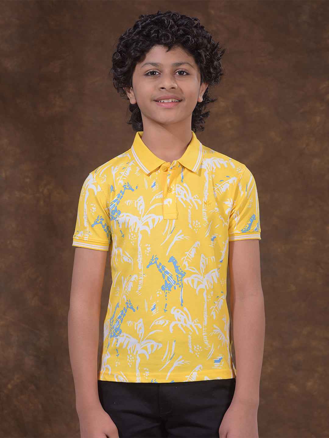 Yellow Floral Print Polo Neck T-Shirt