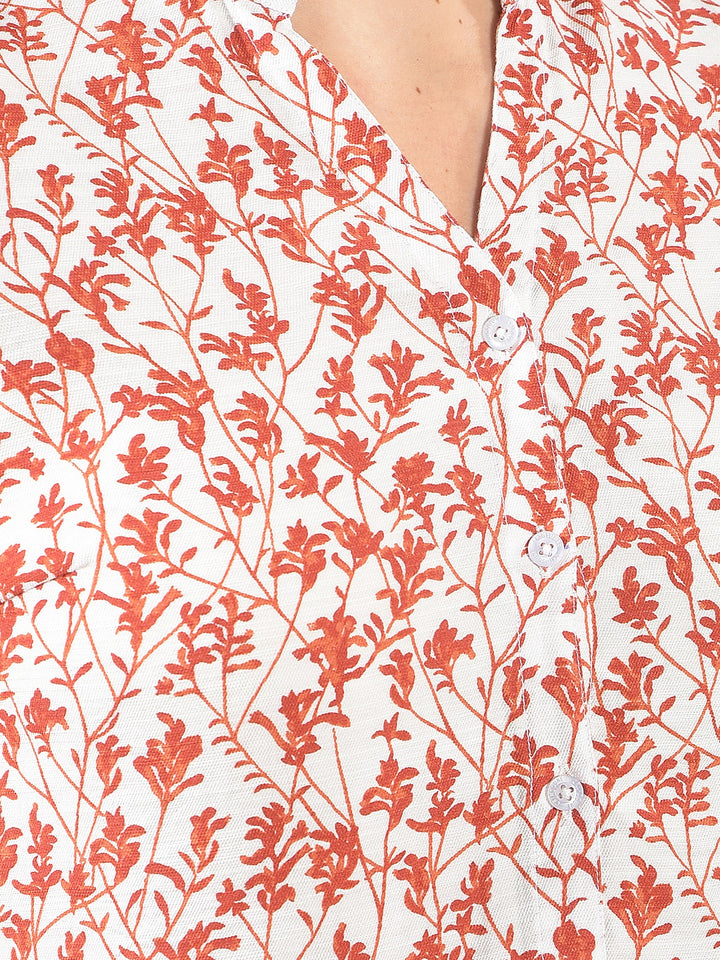 Red Floral Print V-Neck Shirt