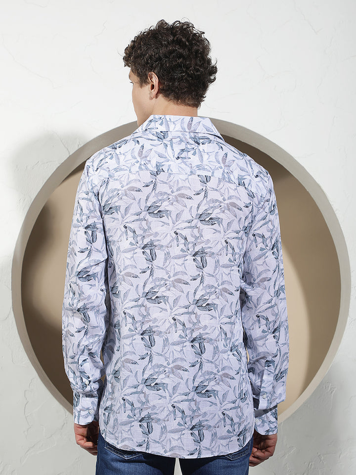 Blue Floral Print Linen Shirt