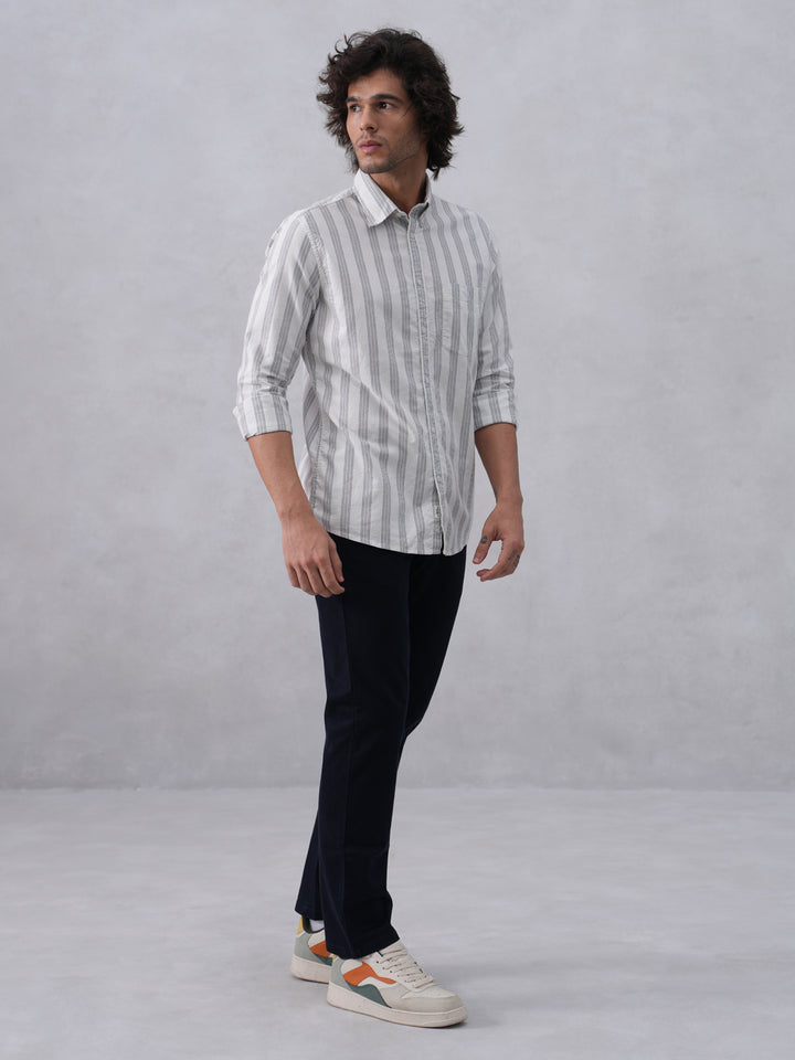 White Vertical Stripes 100% Cotton Button-Down Collar Shirt