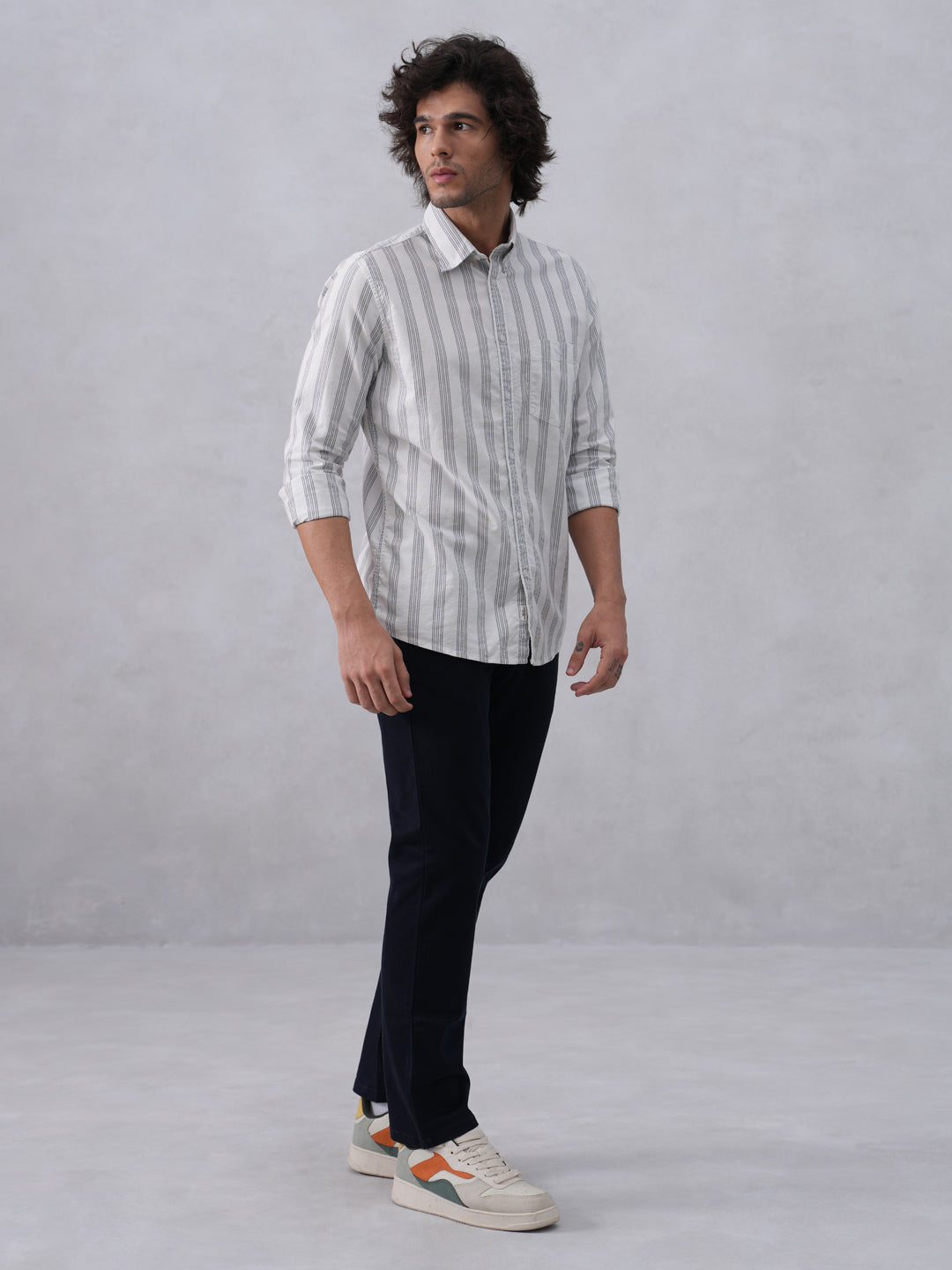 White Vertical Stripes 100% Cotton Button-Down Collar Shirt