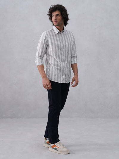 White Vertical Stripes 100% Cotton Button-Down Collar Shirt