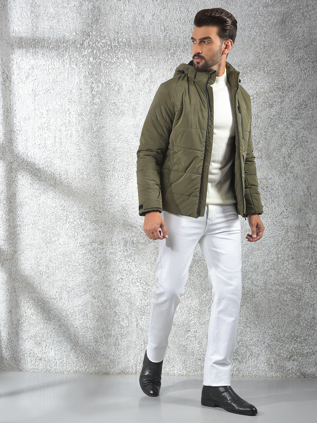 Olive Hooded Neck Puffer Jacket