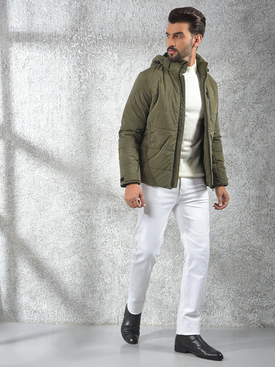 Olive Hooded Neck Puffer Jacket