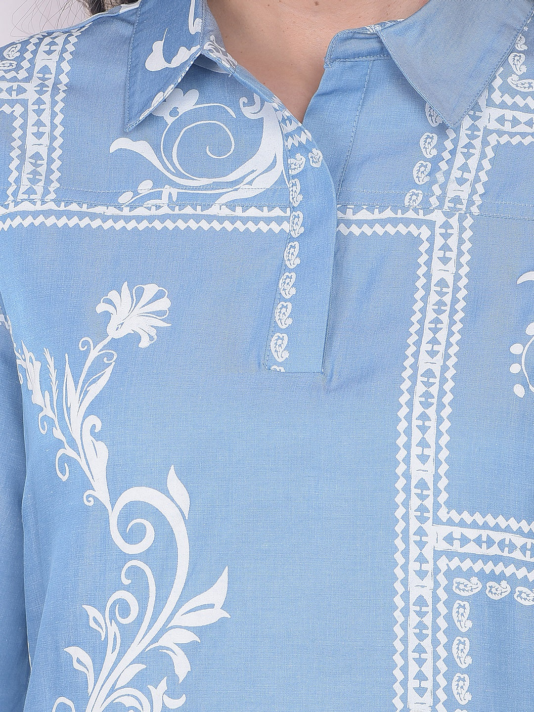Blue Botanical Print Mini Shirt-Dress
