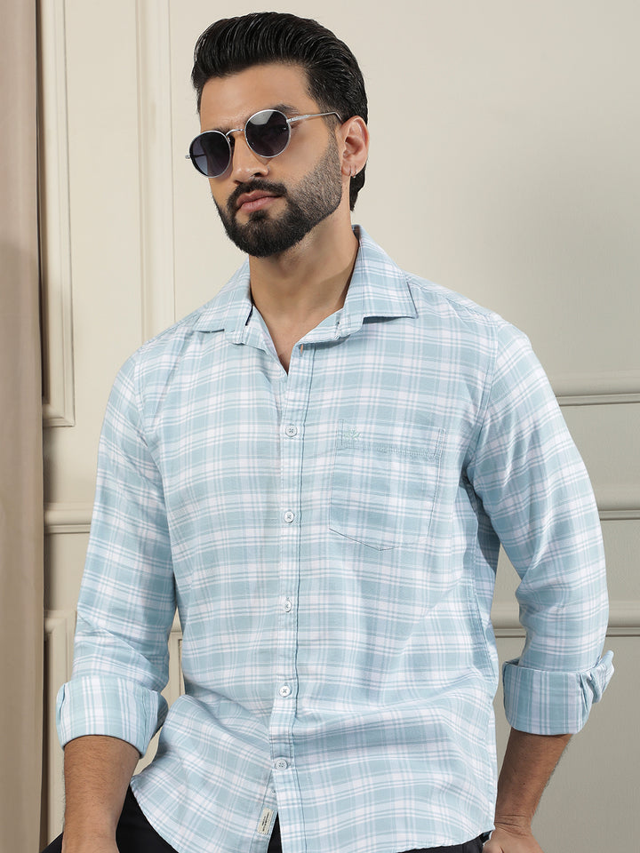 Sleek Azure Blue Checked Shirt