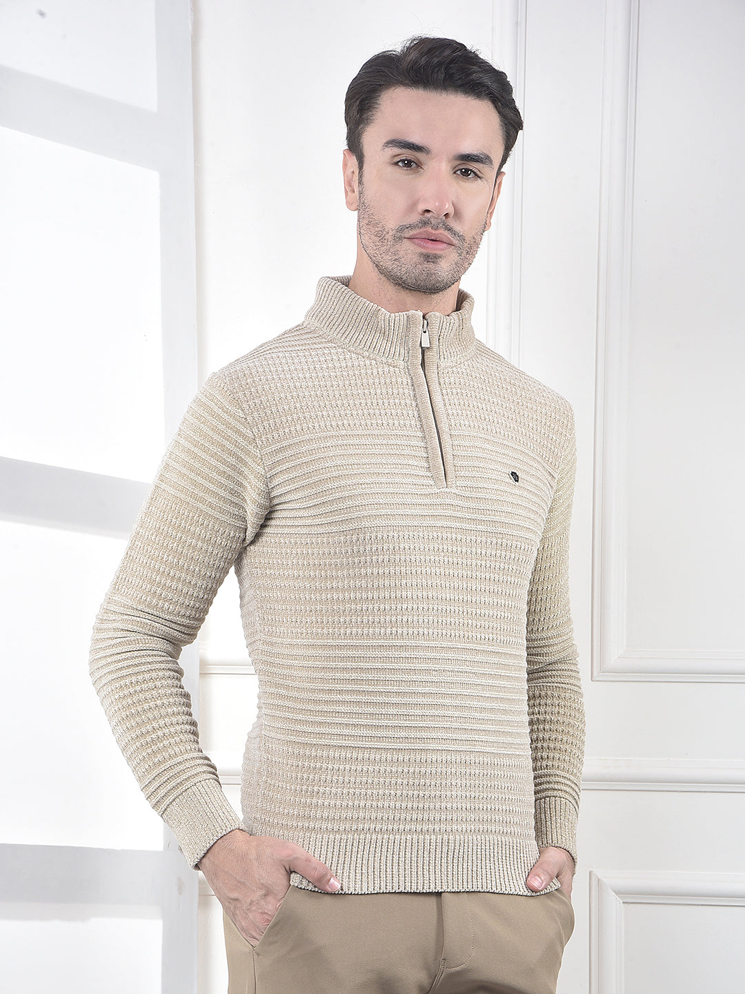 Beige Jacquard High Neck Sweater
