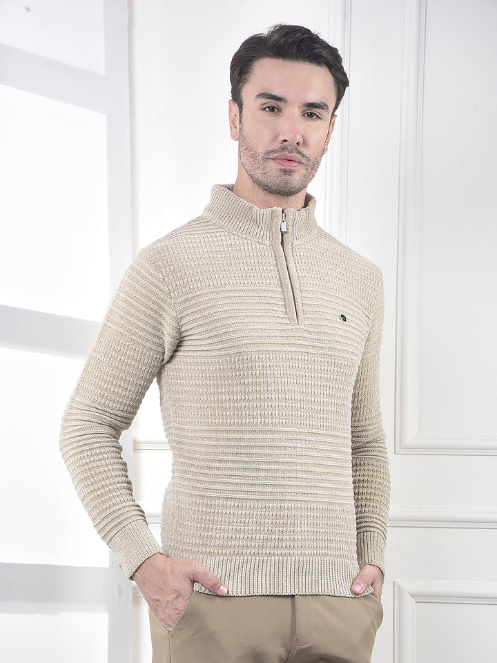 Beige Jacquard High Neck Sweater