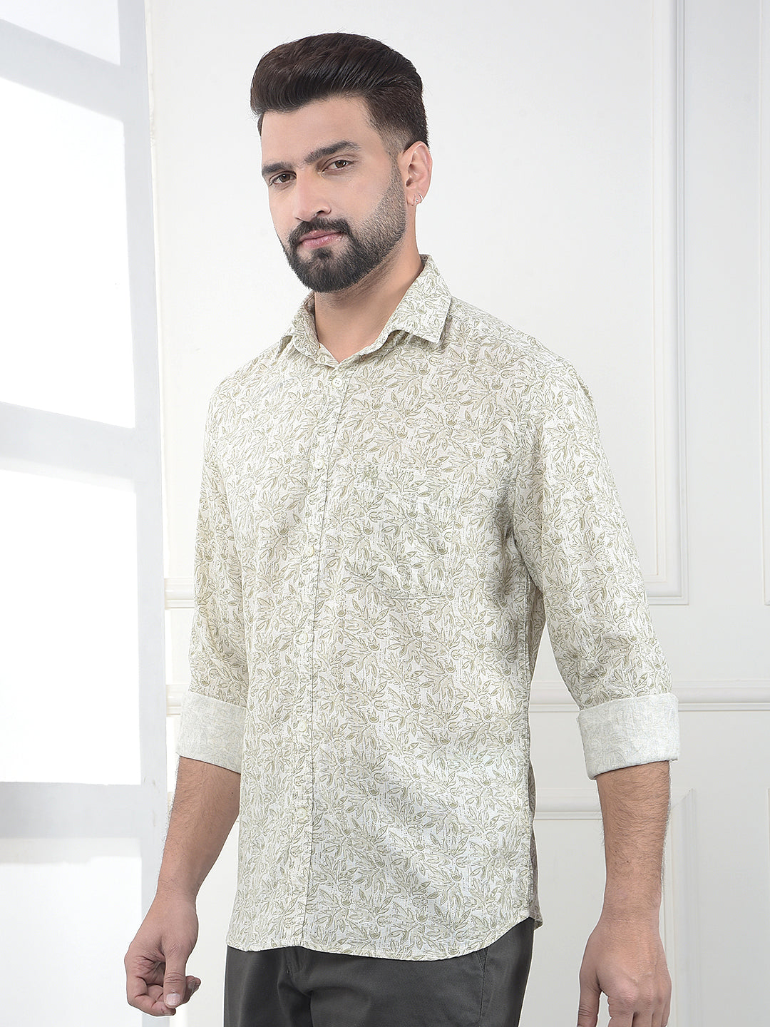Olive Floral Print Linen Shirt