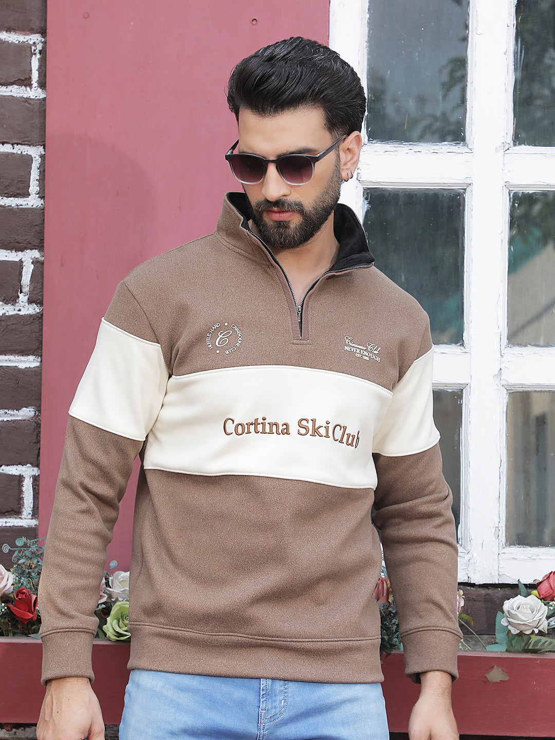 Brown Color-Block High Neck Sweatshirt