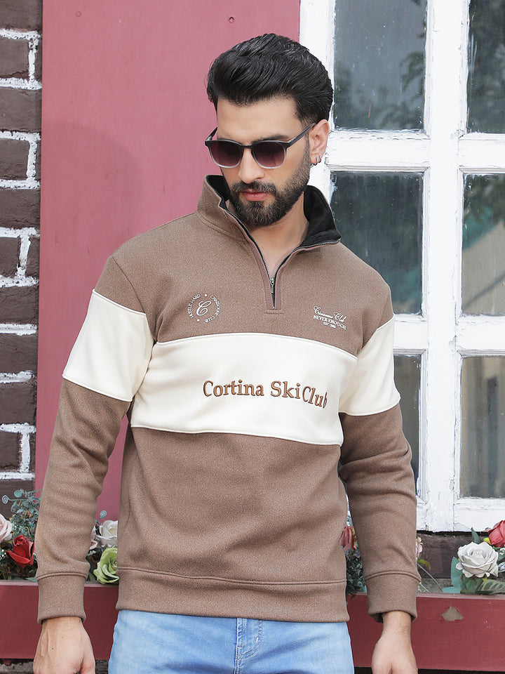 Brown Color-Block High Neck Sweatshirt