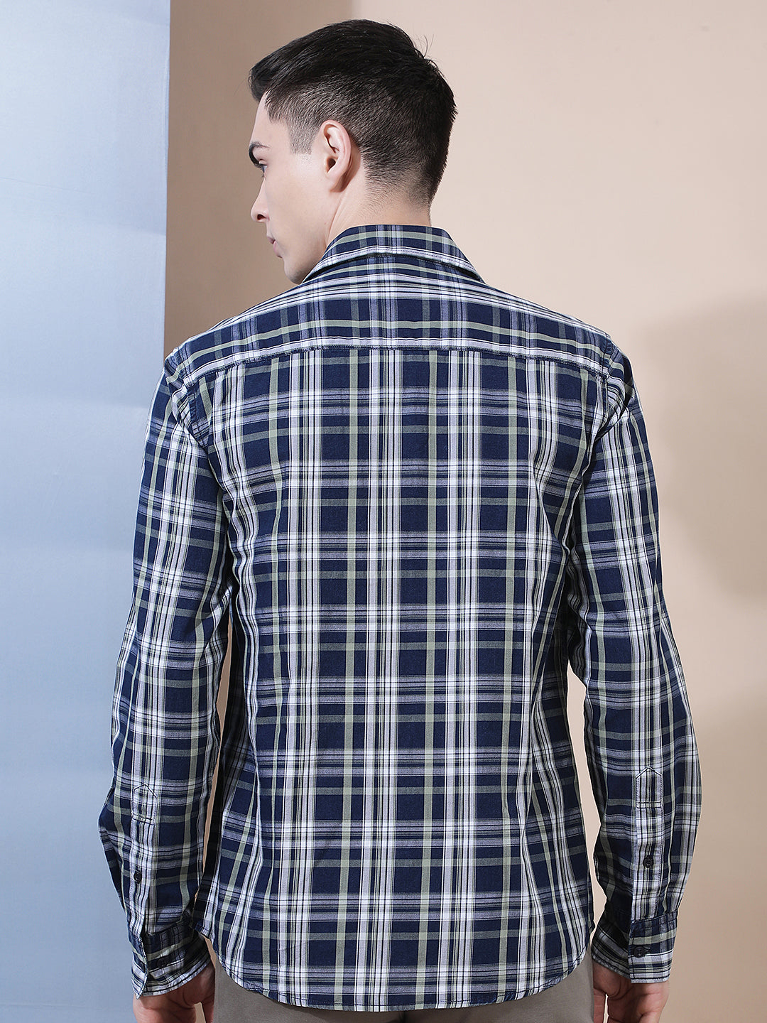 Navy Blue 100% Cotton Checked Shirt