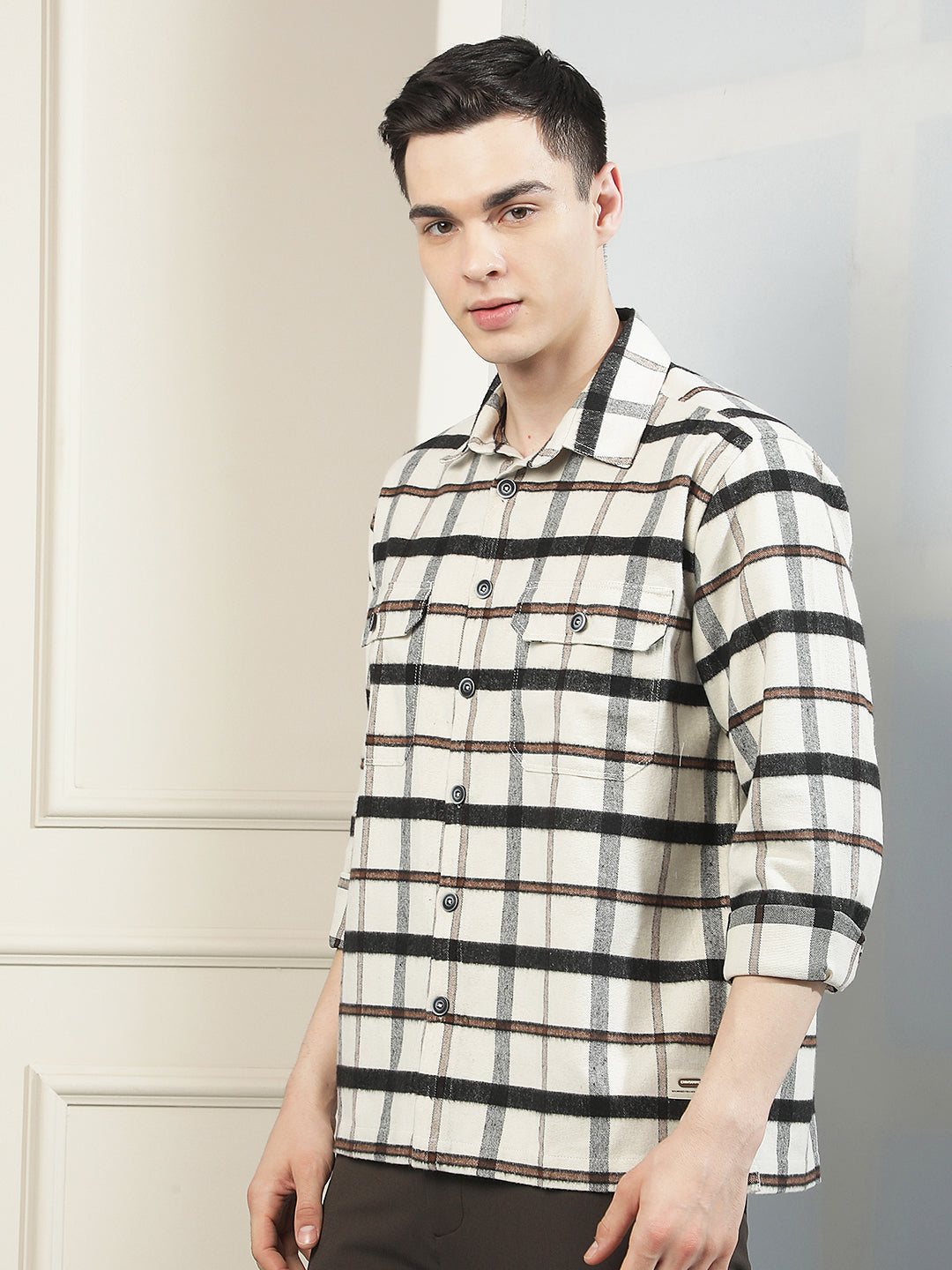 Cream Checked Double Pocket Shirt