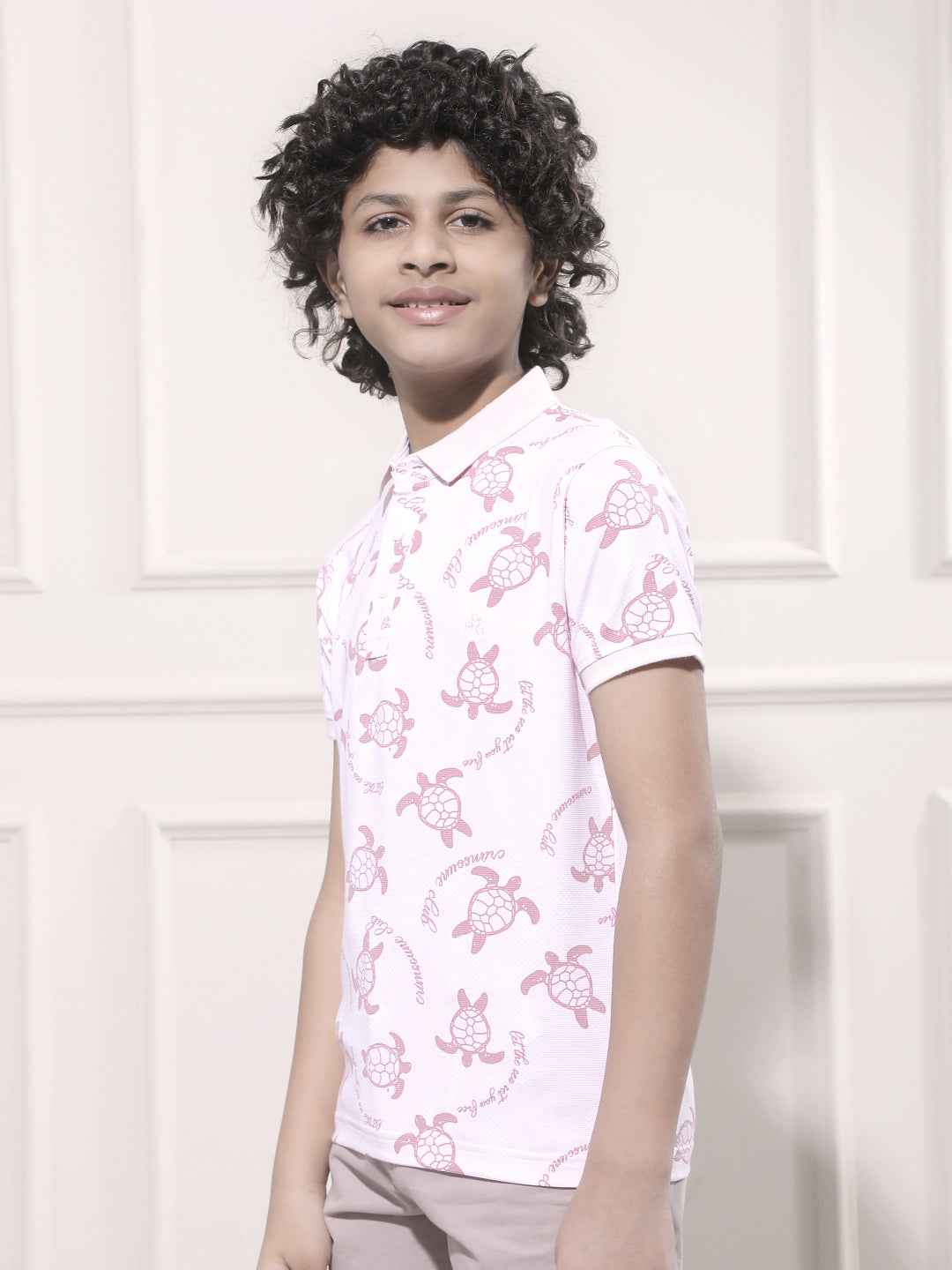 Pink Printed Polo Neck T-Shirt