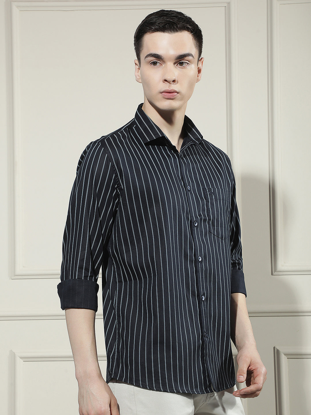Navy Blue Vertical Striped Shirt