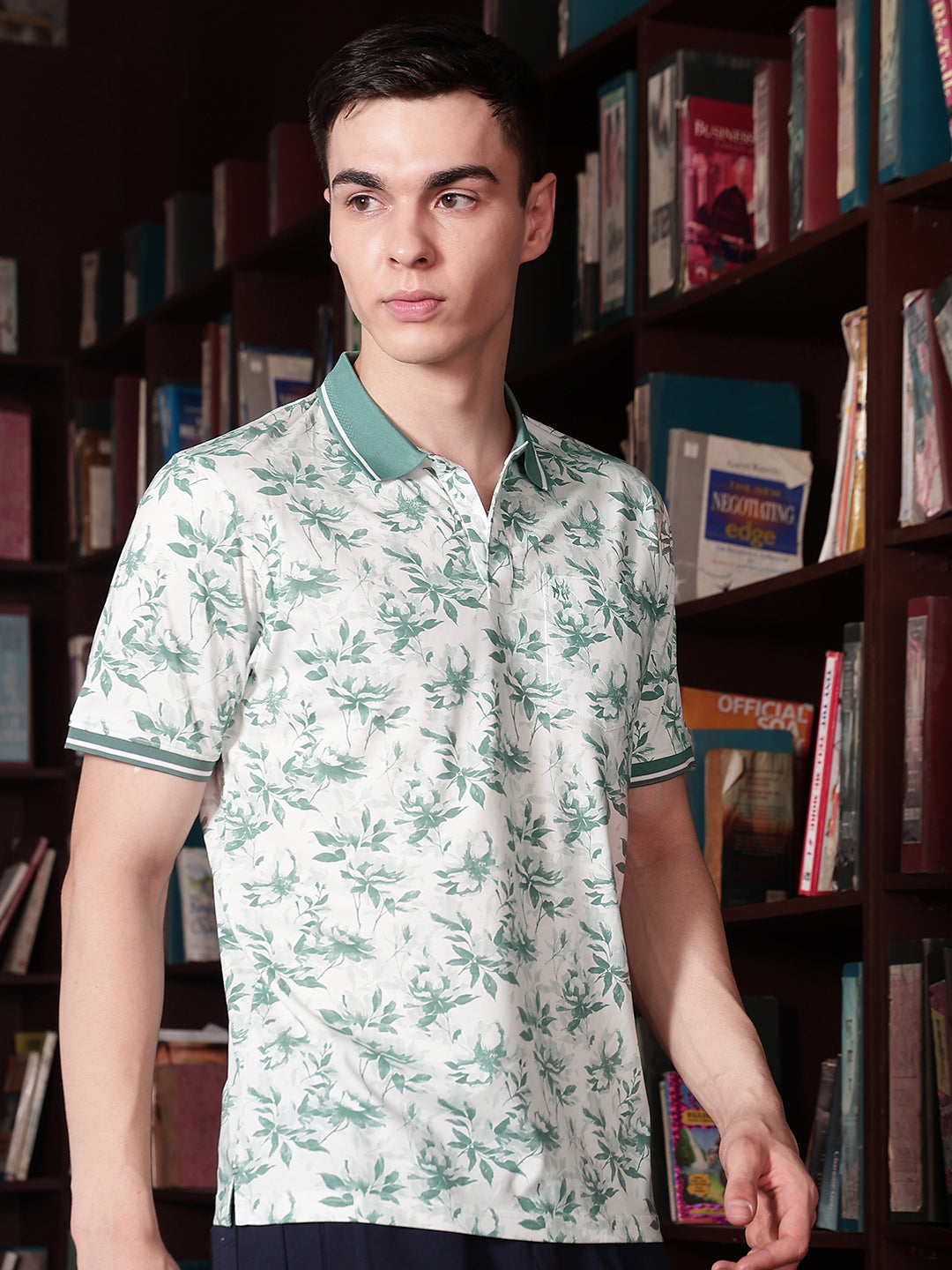 Green Floral Print Polo Neck T-Shirt