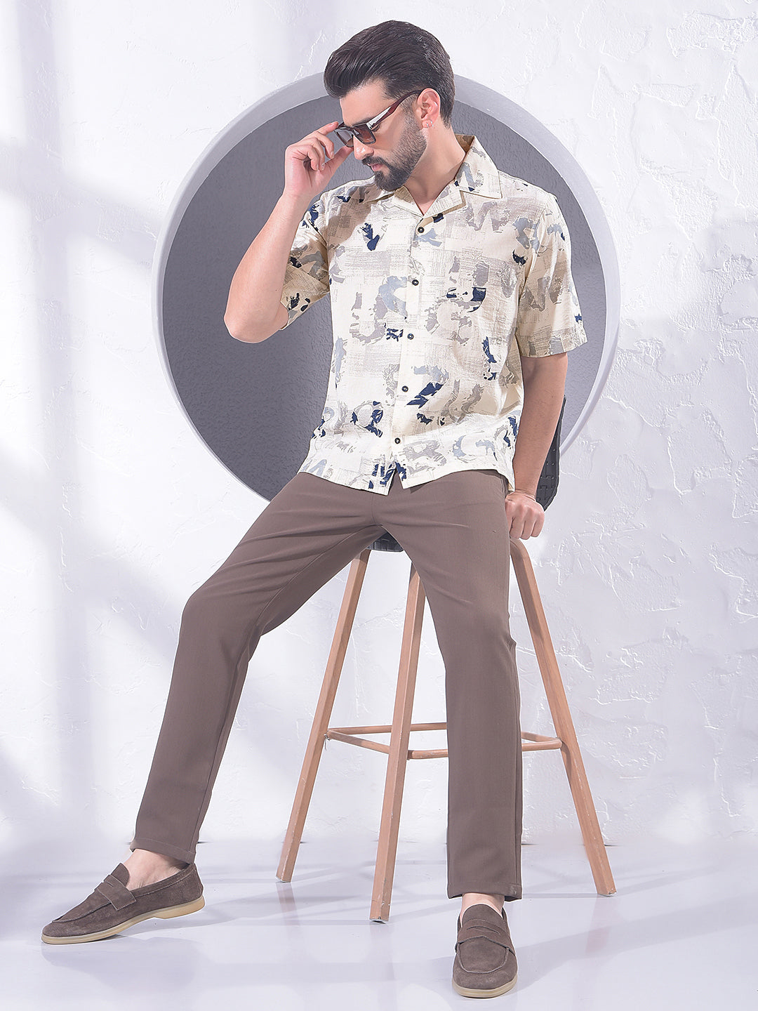 Blue Typographic Print Resort-Collar Linen Shirt