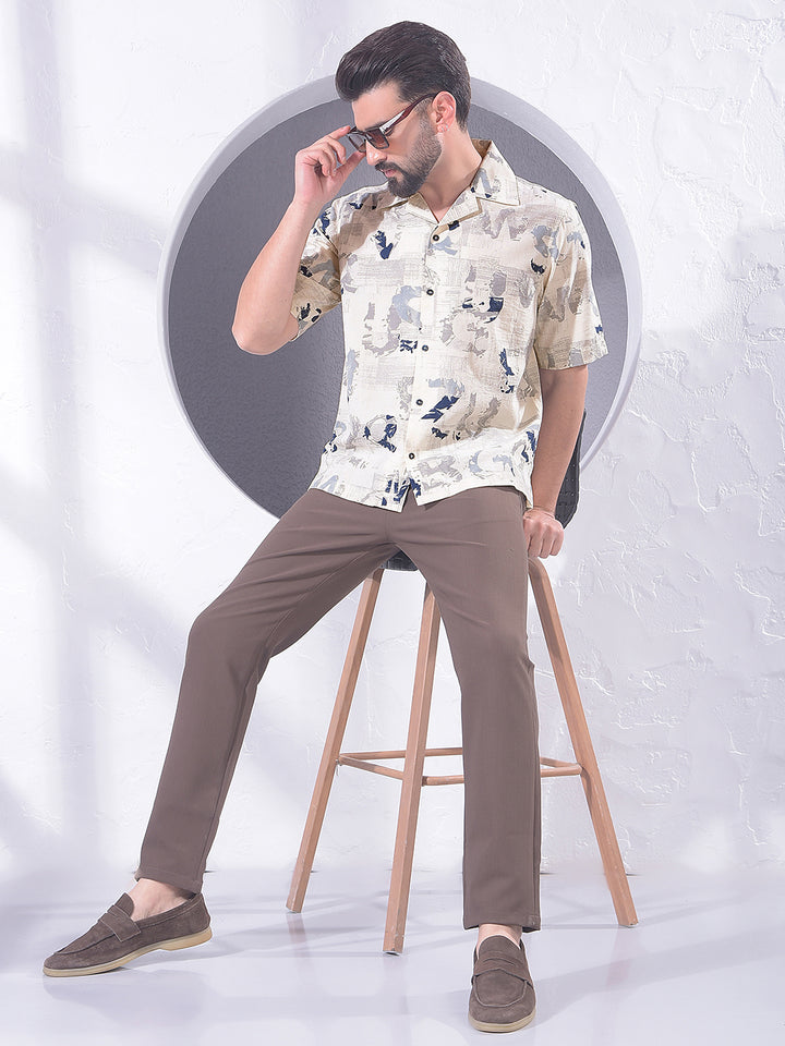 Blue Typographic Print Resort-Collar Linen Shirt