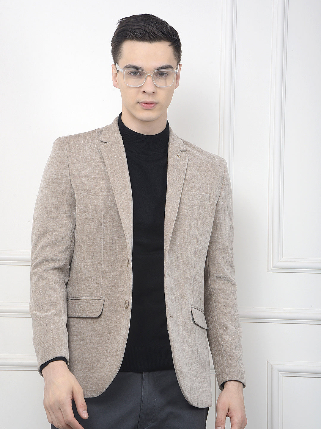 Beige Vertical Striped Notched Lapel Single Breasted Blazer