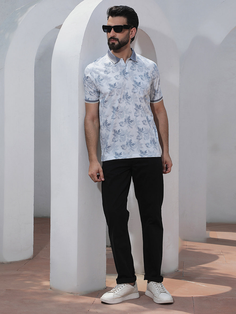 Blue Floral Print Polo Neck T-Shirt