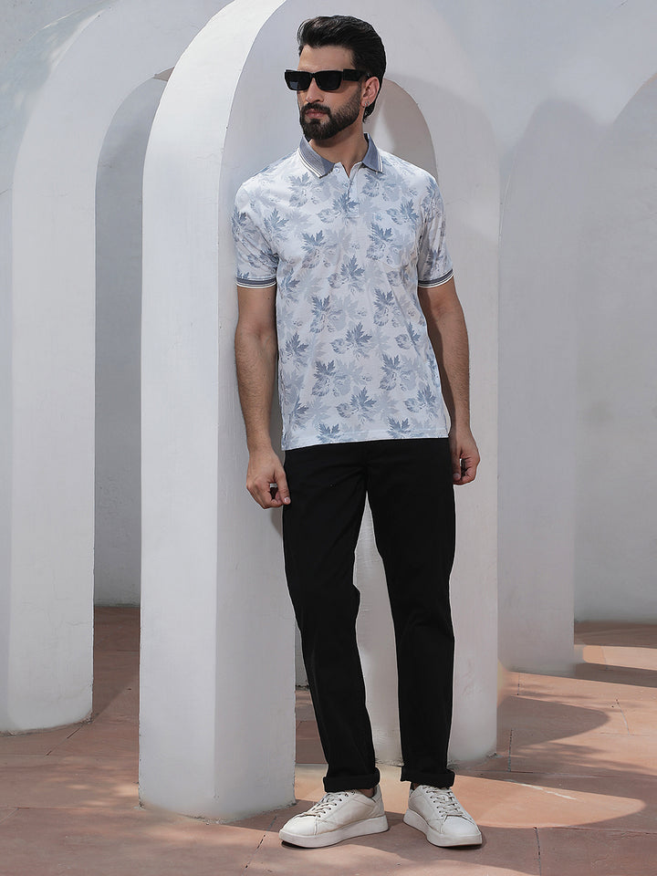 Blue Floral Print Polo Neck T-Shirt