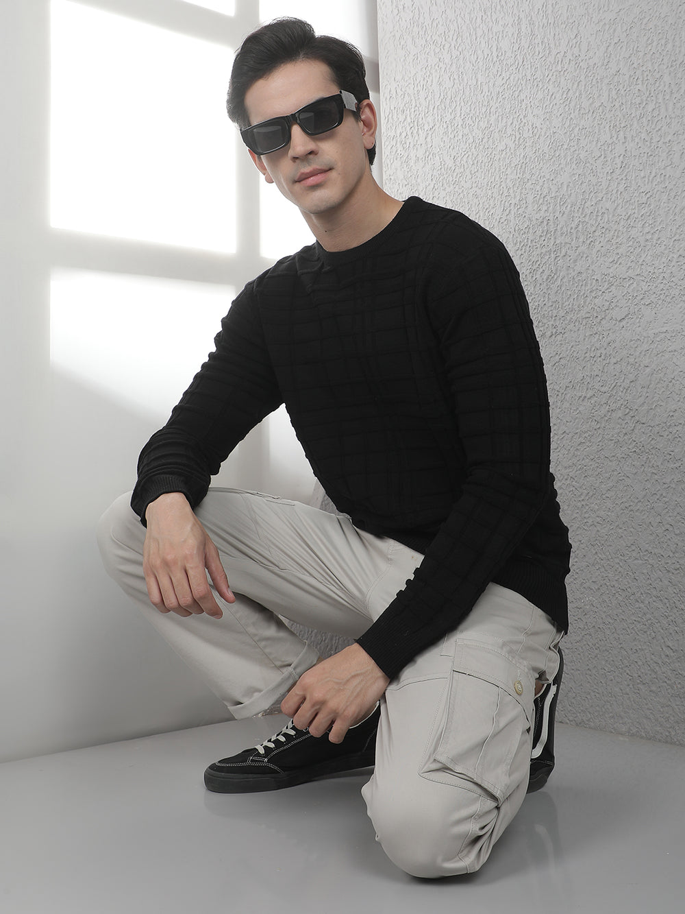 Black Jacquard Round Neck Sweater