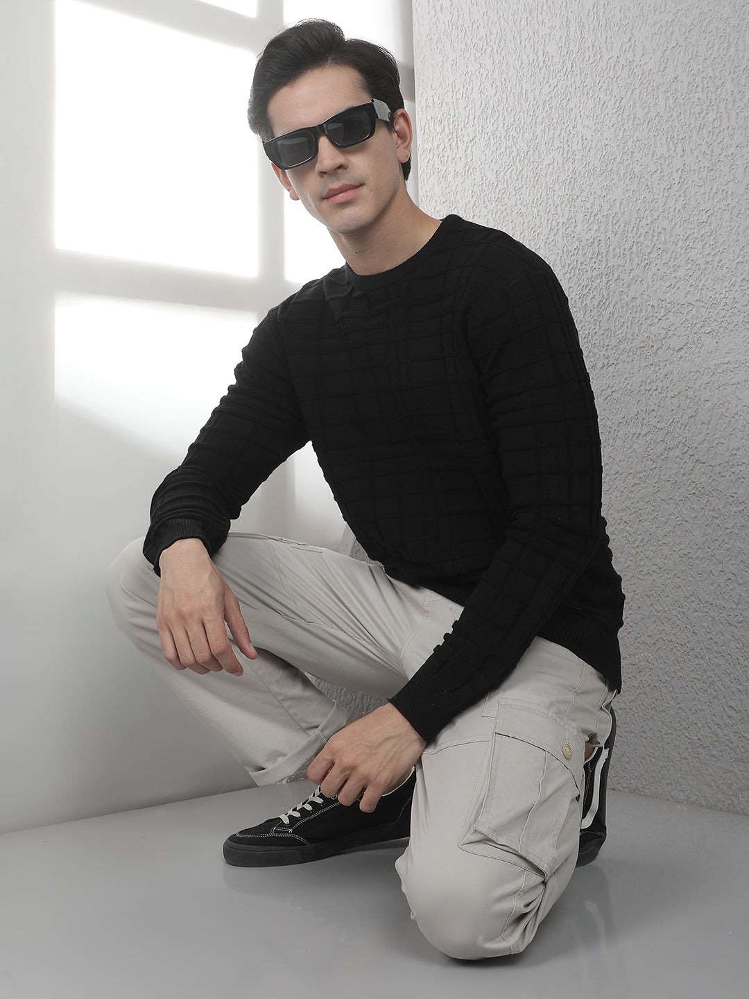 Black Jacquard Round Neck Sweater
