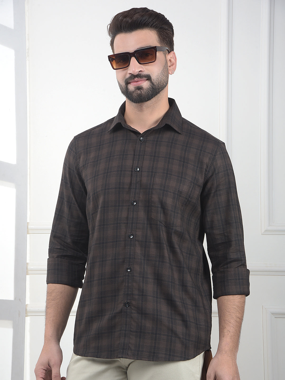 Brown Checked 100% Cotton Shirt