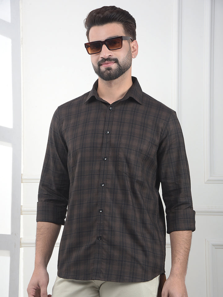 Brown Checked 100% Cotton Shirt