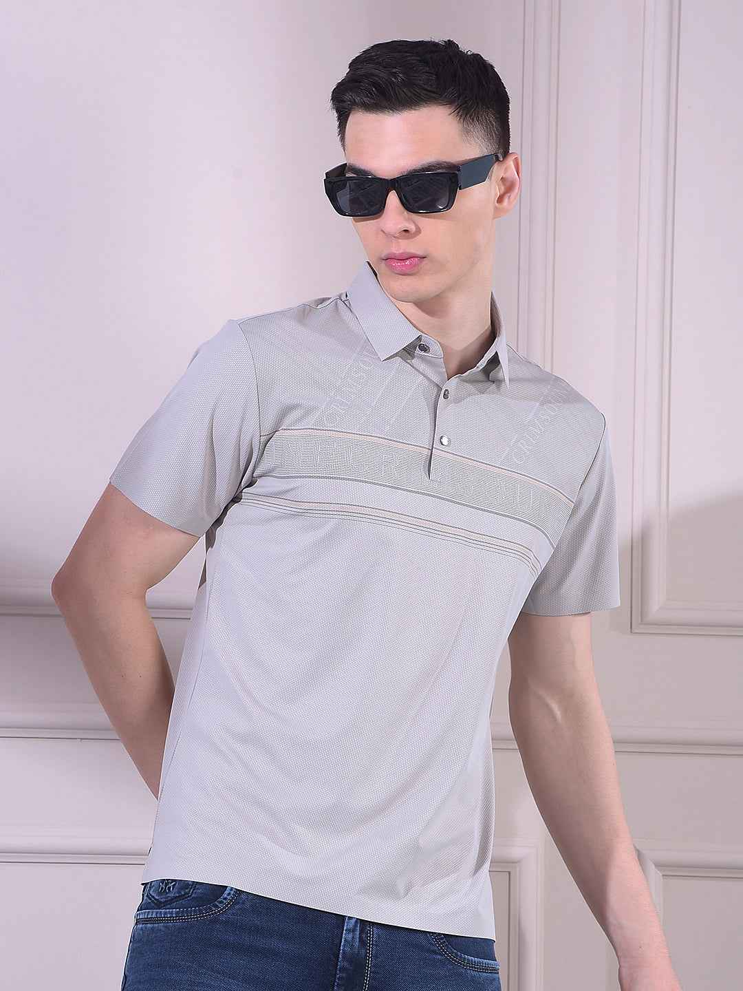 Grey Typographic Print Polo Neck T-Shirt