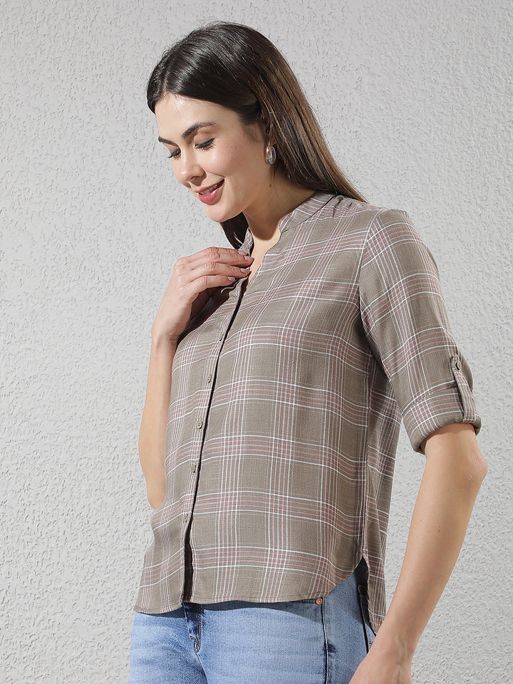 Brown Checked V-Neck Shirt
