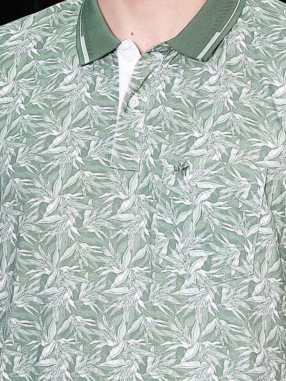 Green Botanical Print Polo Neck T-Shirt