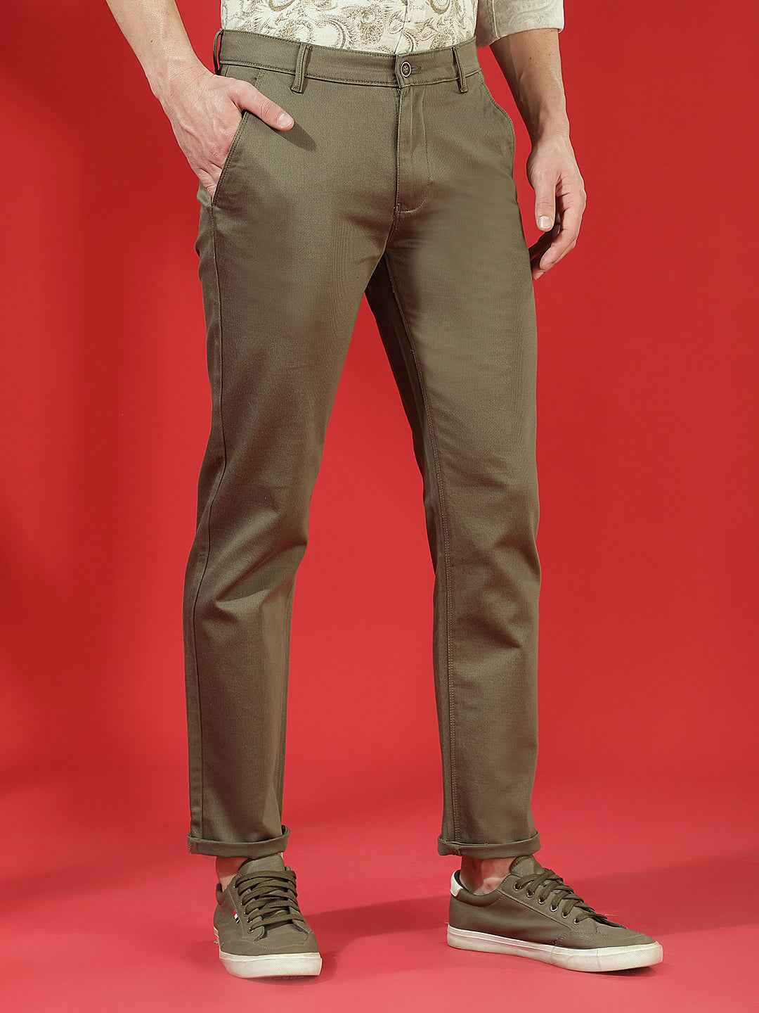 Olive 100% Cotton Geometric Print Straight Trousers