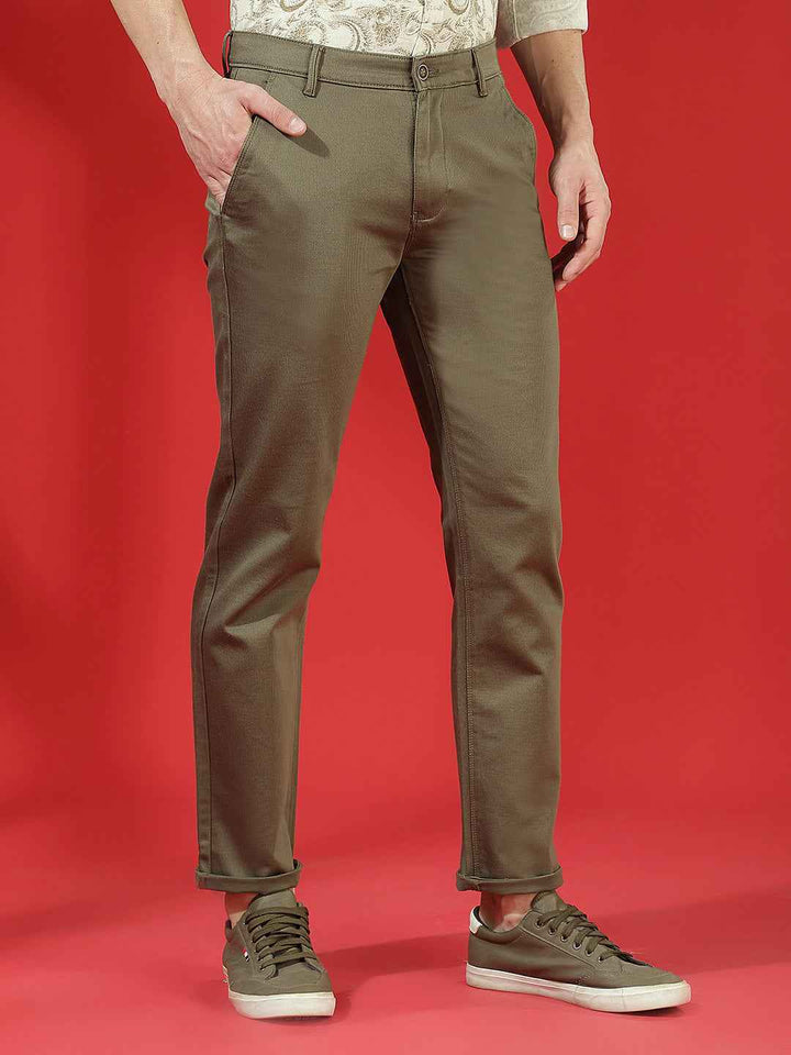 Olive 100% Cotton Geometric Print Straight Trousers