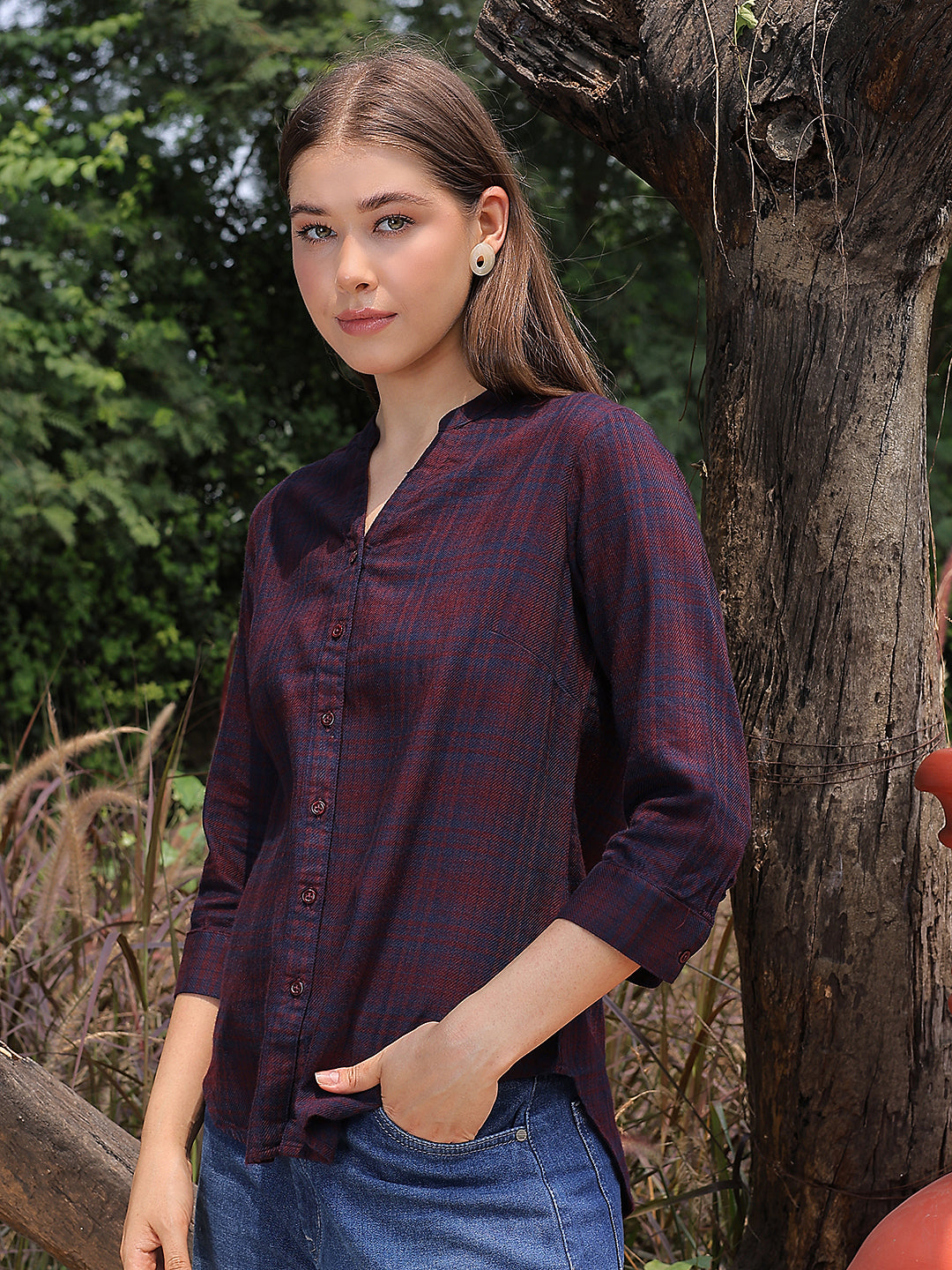 Maroon Checked V-Neck Shirt