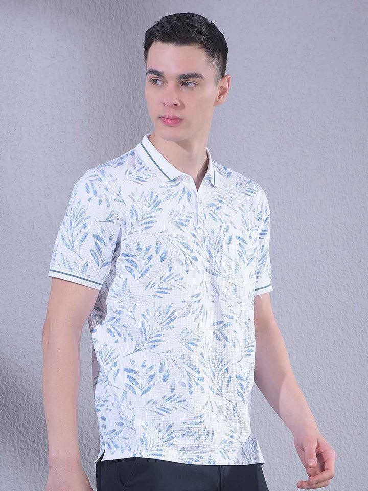 Blue Floral Print Polo Neck T-Shirt